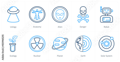 A set of 10 Science and Experiment icons as ufology, anatomy, alein