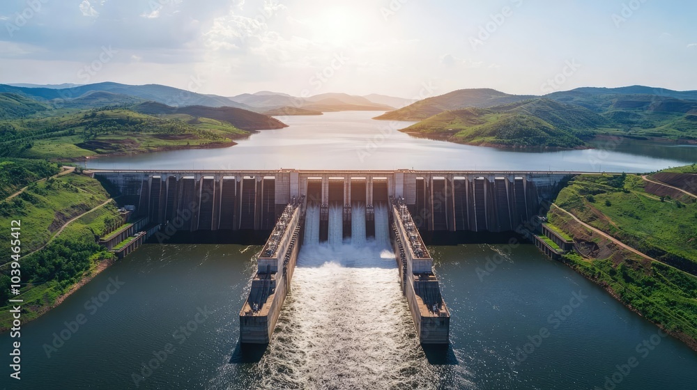 Aerial view of a large dam with flowing water and surrounding lush green hills. Aerial view of a large dam with flowing water and surrounding lush green hills.