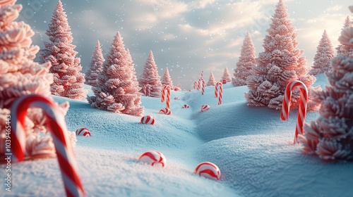 Snowy hills with Christmas trees and candy cane decorations.