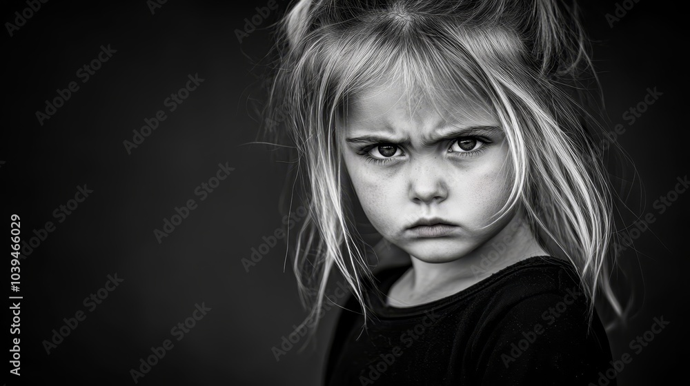 A black-and-white image of a young girl with a serious expression A black-and-white image of a young girl with a serious expression