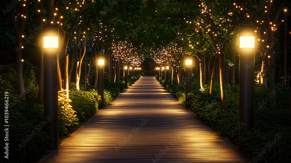 A path with lights on the sides of it A path with lights on the sides of it