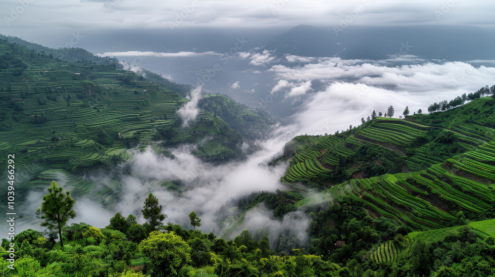 Lush mountain range with terraced fields and scattered clouds, creating serene and picturesque landscape. mist adds mystical touch to vibrant greenery