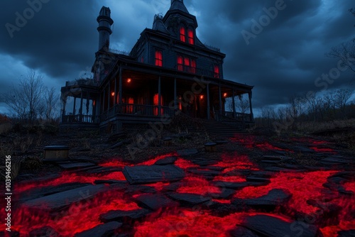 Wallpaper Mural Dark eerie old house on a rocky landscape illuminated by a crimson red moon with jagged rocks and a spooky desolate atmosphere Torontodigital.ca