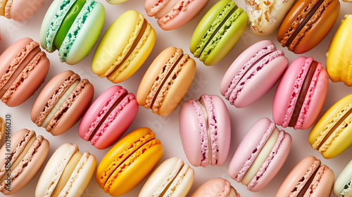 Delightful assortment of colorful macarons arranged neatly, showcasing various flavors and textures in a dessert shop