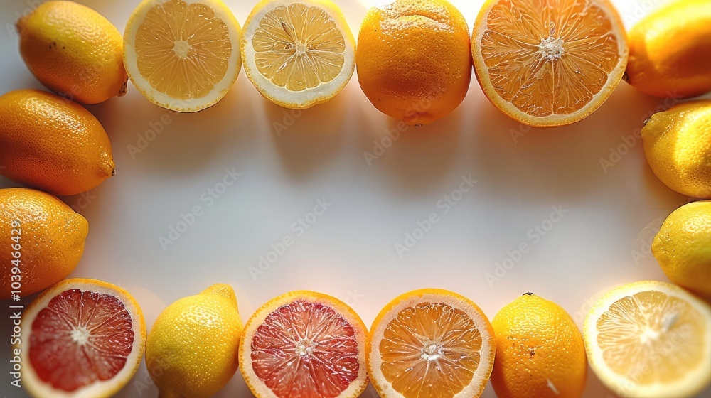 A border of fresh fruits like oranges and lemons, neatly arranged, leaving a white center space, bright natural light. A border of fresh fruits like oranges and lemons, neatly arranged, leaving a white center space, bright natural light.