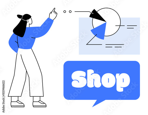 A person pointing at charts and graphs related to a shop. Ideal for e-commerce, advertising, business analytics, marketing strategies, and online shopping. Simple, clean, modern style