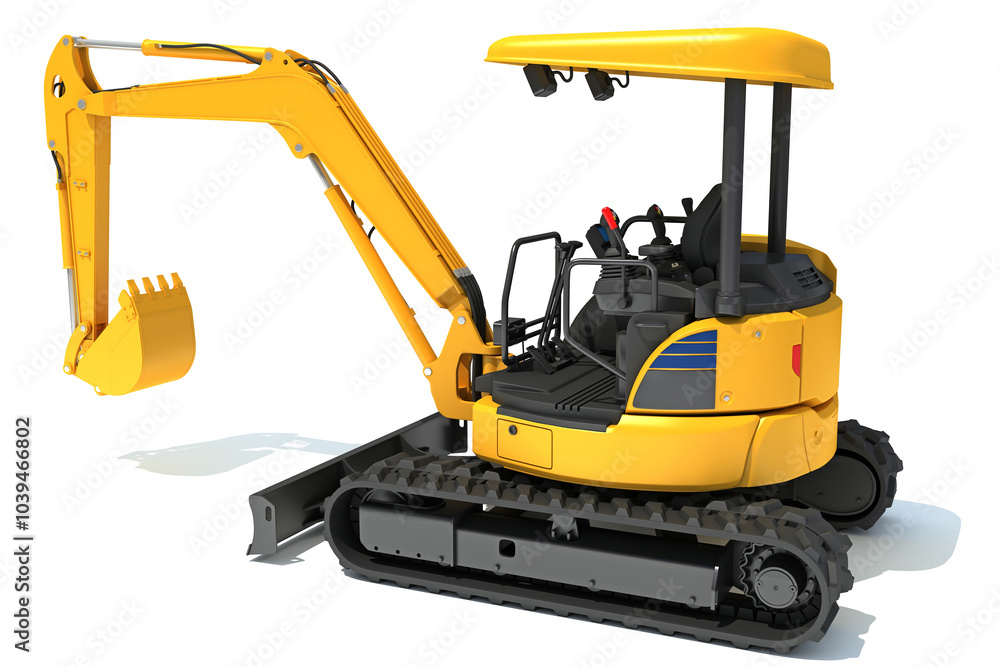 Tracked mini excavator construction machinery 3D rendering on white background Tracked mini excavator construction machinery 3D rendering on white background
