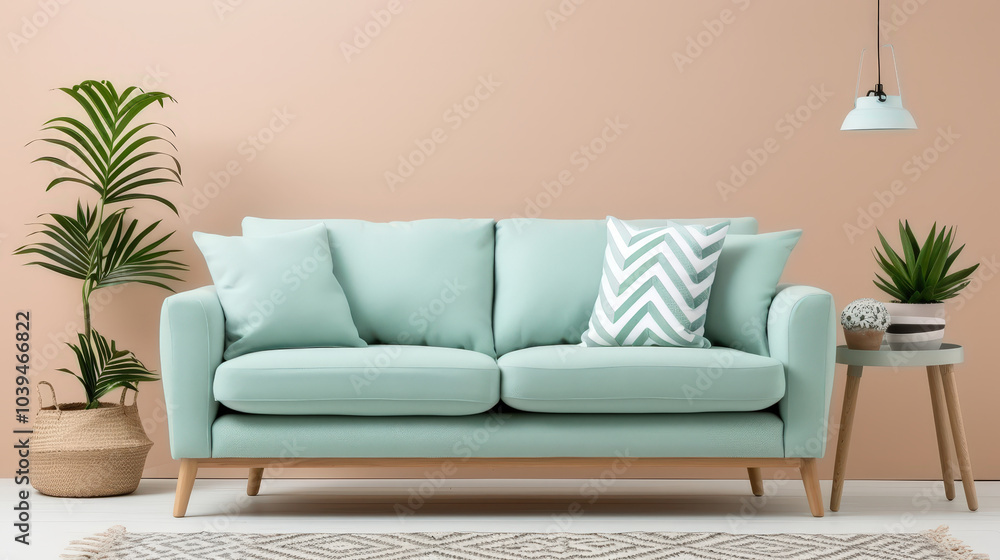 pale green sofa with teal cushions creates cozy atmosphere in stylish living room. plants and decorative elements enhance inviting ambiance pale green sofa with teal cushions creates cozy atmosphere in stylish living room. plants and decorative elements enhance inviting ambiance