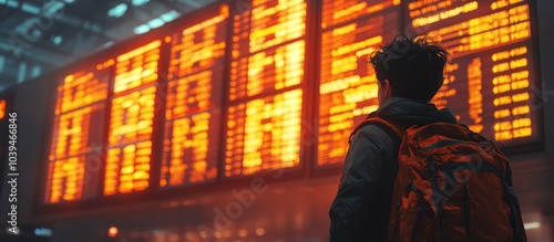 Traveler Observing Flight Information Board at Busy Airport Terminal with Bright Orange Display Lights photo