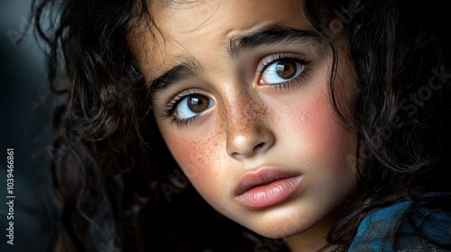  A tight shot of a child's face with freckled hair and freckled eyelines photo