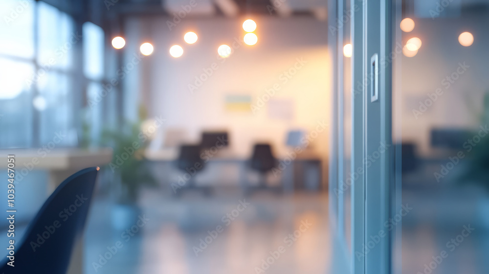 blurred office space with modern decor and warm lighting creates cozy atmosphere. focus is on glass door, with desks and chairs visible in background blurred office space with modern decor and warm lighting creates cozy atmosphere. focus is on glass door, with desks and chairs visible in background