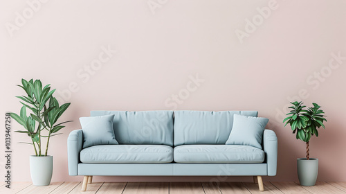 pale mint sofa with blue cushions creates cozy atmosphere, complemented by green plants in stylish pots against soft pink wall