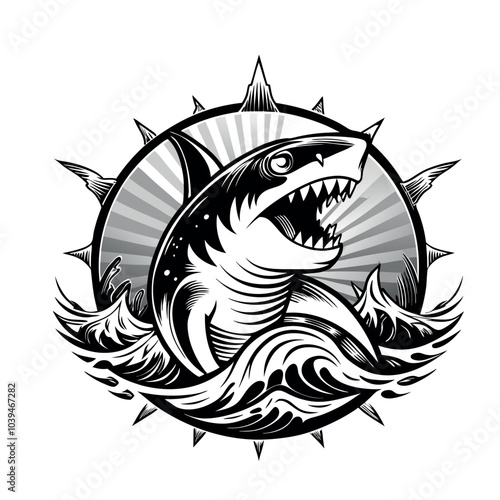 fierce shark emerging from stylized ocean waves, surrounded by sun rays in a bold design sketch engraving  illustration. Scratch board imitation. Black and white image