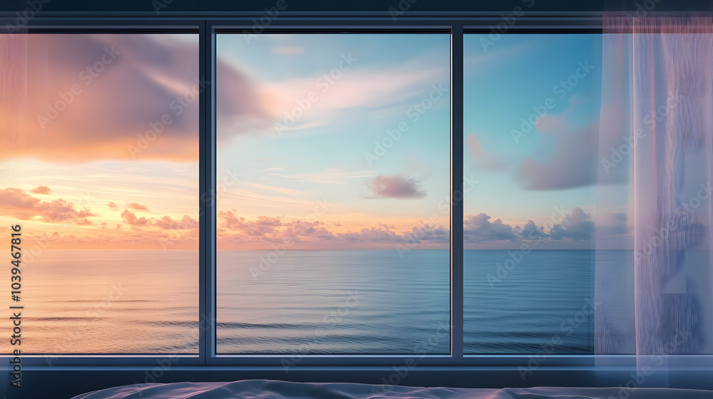 Ocean View from Modern Window at Dawn. Large window with sea and sky gradient. Interior design and peaceful living concept Ocean View from Modern Window at Dawn. Large window with sea and sky gradient. Interior design and peaceful living concept