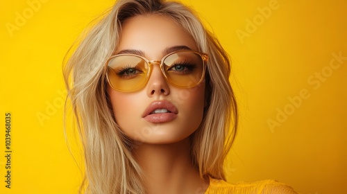 Obraz na płótnie Stylish female model on yellow background, Generative AI w salonie