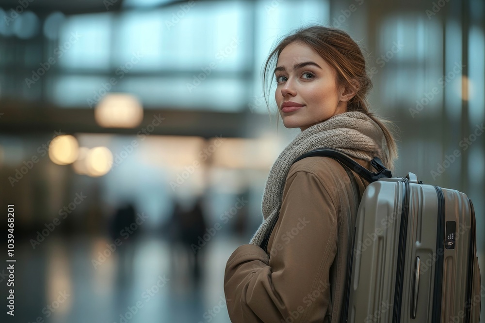 Businesswoman with luggage waiting at airport terminal, Generative AI