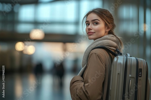Obraz na płótnie Businesswoman with luggage waiting at airport terminal, Generative AI w salonie