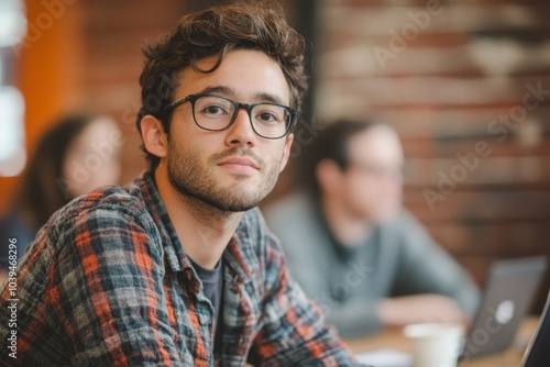 Young man at startup meeting, Generative AI