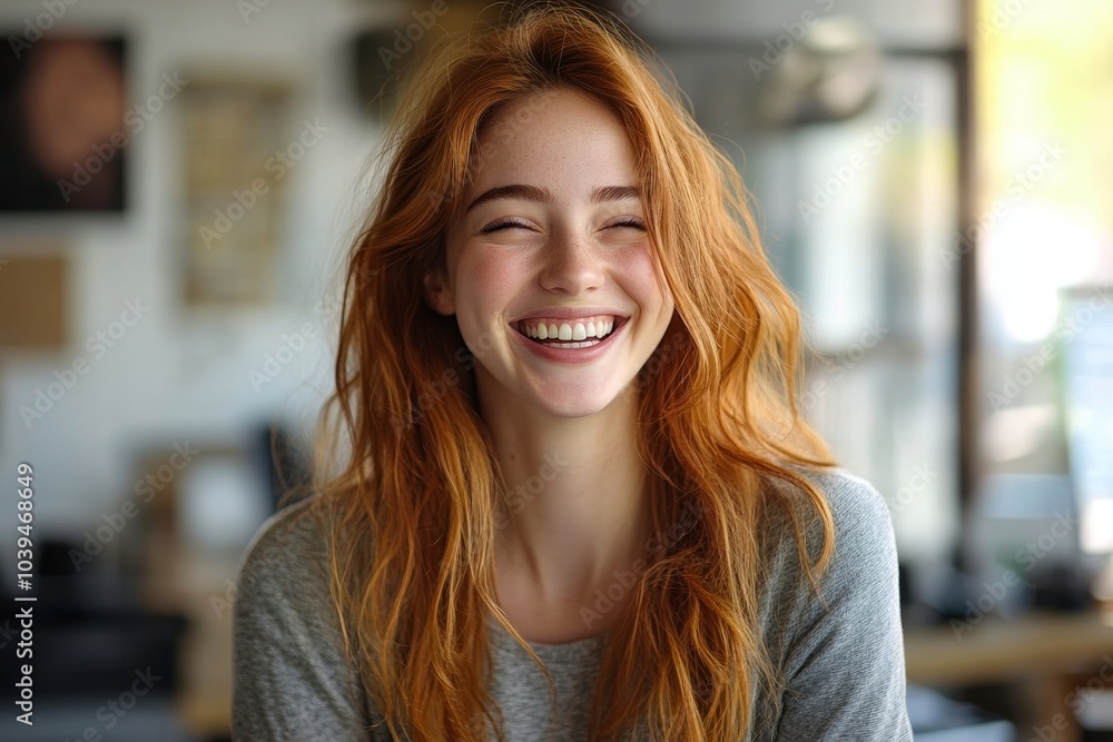 Young businesswoman laughing happily in an office, Generative AI