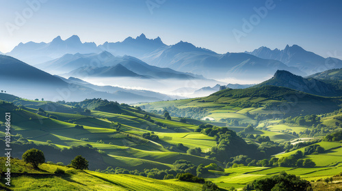 breathtaking panoramic view of mountainous landscape showcases lush green hills and valleys under clear blue sky. serene atmosphere evokes sense of tranquility and natural beauty