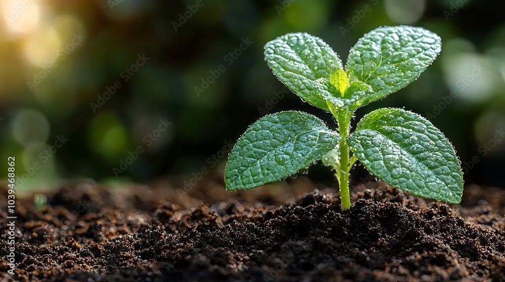 New Life Emerging: A Tiny Sprout Grows Upwards Through the Soil with Dew Drops New Life Emerging: A Tiny Sprout Grows Upwards Through the Soil with Dew Drops