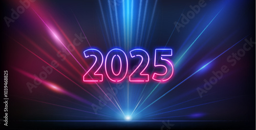 Happy New Year 2025 Neon Sign with Bright Ray Halo in Retro Wave Style. Vector clip art for your night party design.