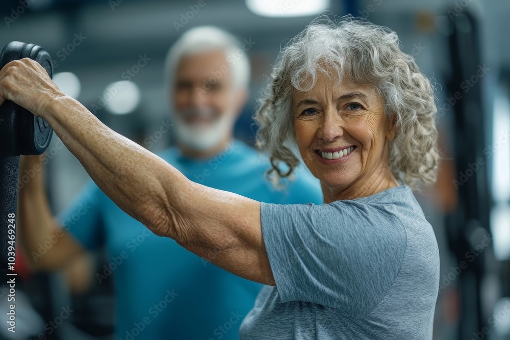 Proud elderly woman flexing her bicep with personal trainer, Generative AI
