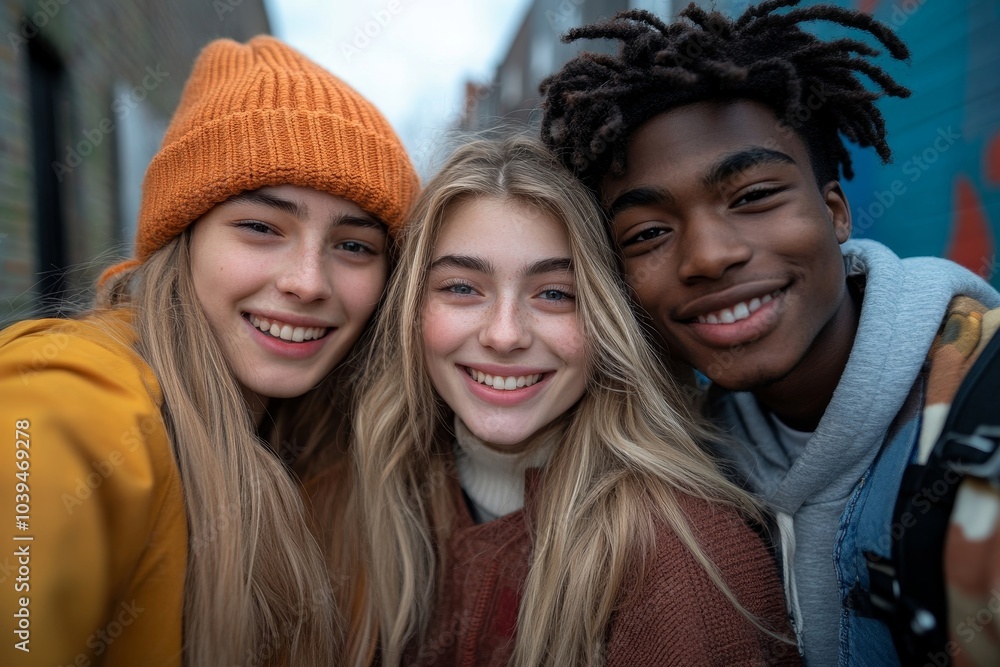 Millennial friends group taking selfie, Generative AI
