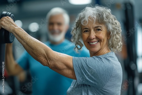 Obraz na płótnie Proud elderly woman flexing her bicep with personal trainer, Generative AI w salonie