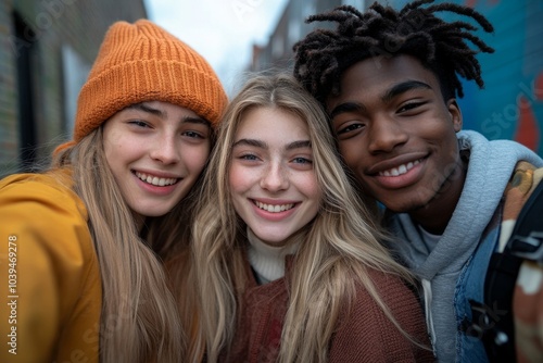 Obraz na płótnie Millennial friends group taking selfie, Generative AI w salonie