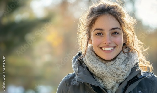 Obraz na płótnie Portrait of smiling woman in a jacket, Generative AI w salonie
