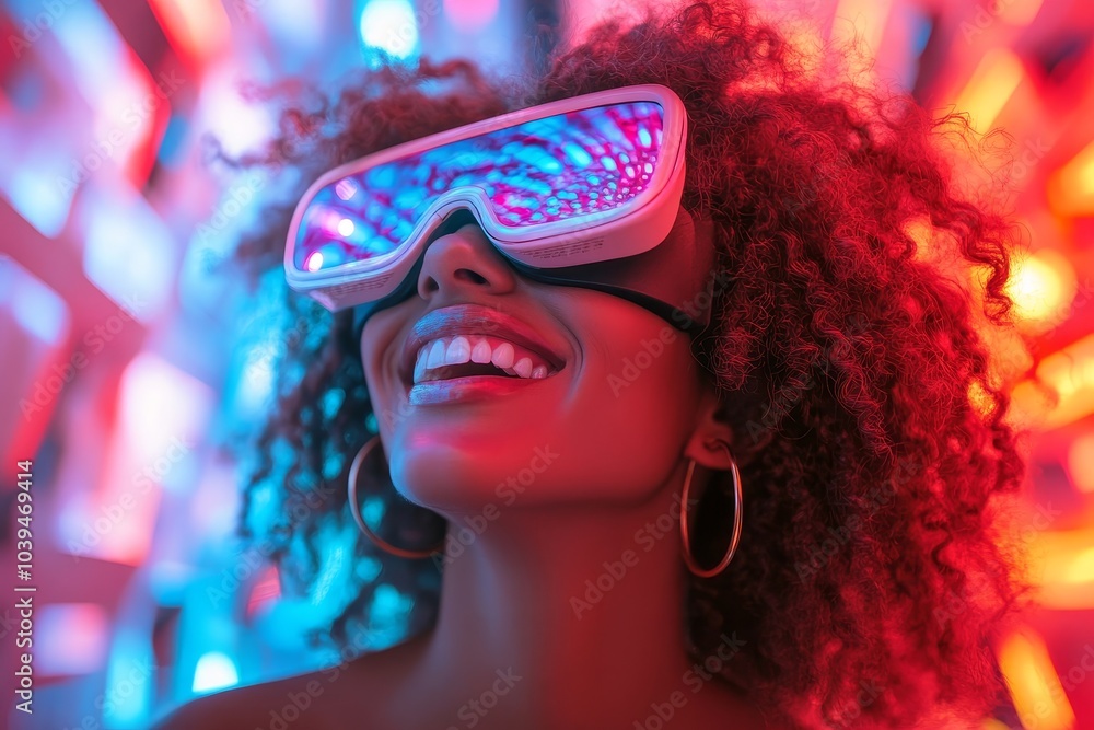 Cheerful young woman partying as an avatar in the metaverse, Generative AI