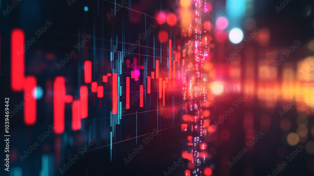 A red candlestick chart plunges downwards against a blurry background, representing a global economic downturn, stock market crash, and inflation. A red candlestick chart plunges downwards against a blurry background, representing a global economic downturn, stock market crash, and inflation.