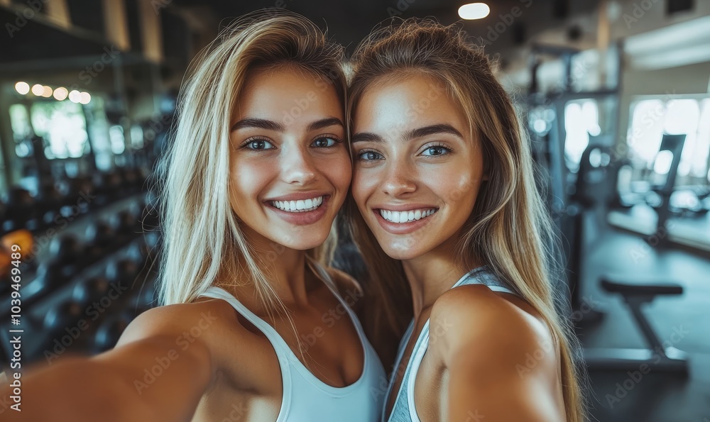 Female friends taking a selfie at the gym, Generative AI