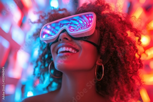 Obraz na płótnie Cheerful young woman partying as an avatar in the metaverse, Generative AI w salonie