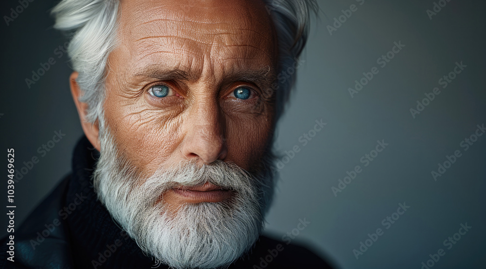 A dignified elderly man with silver hair and beard, wearing a black turtleneck, intense eyes. A dignified elderly man with silver hair and beard, wearing a black turtleneck, intense eyes.