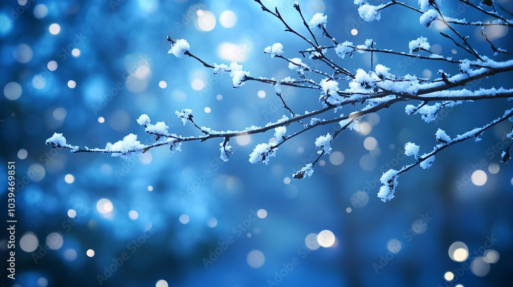 Snow-covered branches with delicate white flowers against a soft blue background, creating a serene winter atmosphere with bokeh lighting. Snow-covered branches with delicate white flowers against a soft blue background, creating a serene winter atmosphere with bokeh lighting.