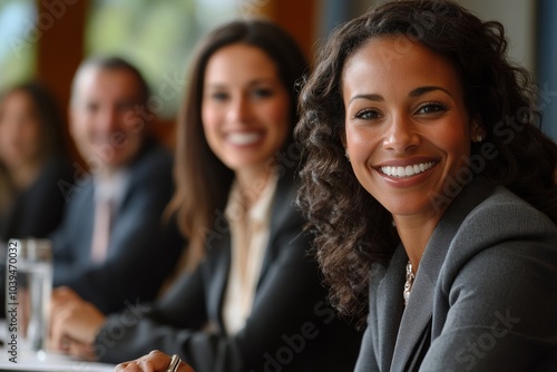 Obraz na płótnie Businesspeople smiling during a meeting, Generative AI w salonie