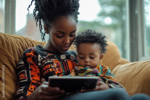 Obraz na płótnie Woman working from home with son using tablet, Generative AI w salonie