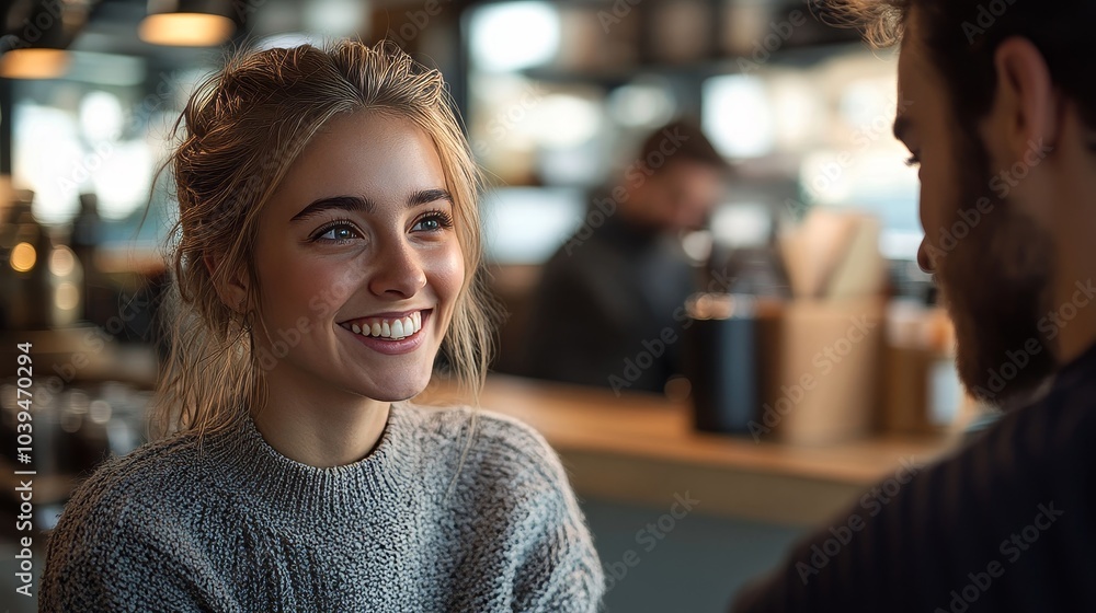 Young professionals smiling at each other in a modern workspace, Generative AI