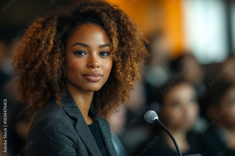 Elegant business woman giving a speech at a corporate seminar, Generative AI