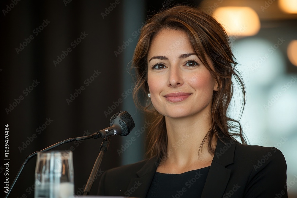 Elegant business woman giving a speech at a corporate seminar, Generative AI