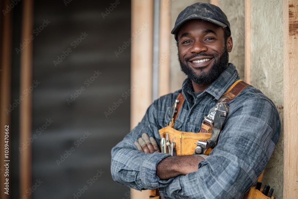Homeowner smiling while renovating his home with a tool belt, Generative AI