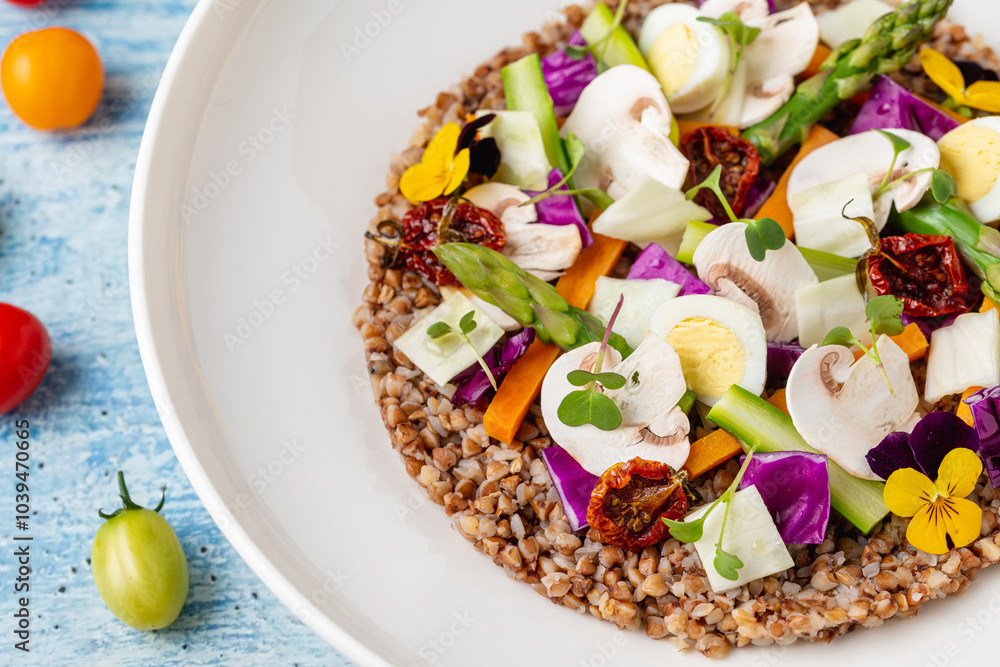 Quinoa salad with mushrooms, eggs and sun-dried tomatoes served on a white porcelain plate Quinoa salad with mushrooms, eggs and sun-dried tomatoes served on a white porcelain plate