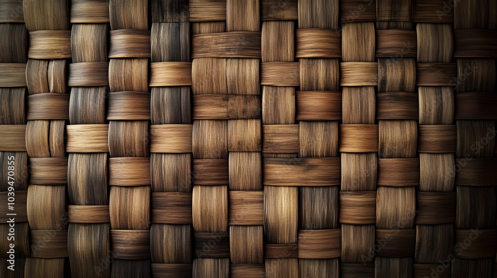 A wooden wall with a woven pattern. The pattern is made up of many small wooden blocks. The wall is brown and has a natural, rustic feel to it