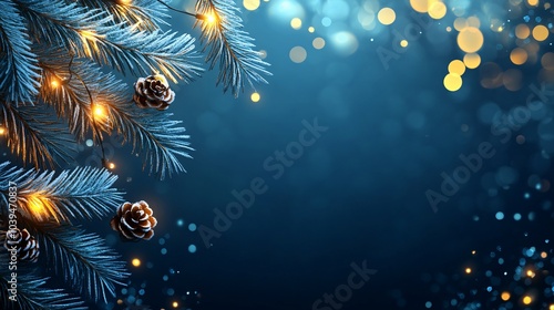 Festive pine branches adorned with glowing lights and pine cones against a dreamy blue bokeh background, evoking a magical holiday atmosphere.