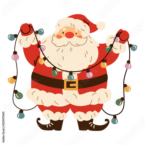 Flat vector illustration in children's style. Cute Santa Claus holding a garland of light bulbs. Christmas illustration on white background. Vector illustration
