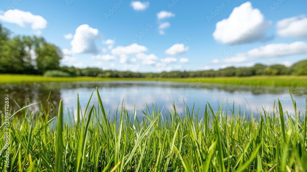 Lush grass by a tranquil lake under a bright blue sky with fluffy clouds. Lush grass by a tranquil lake under a bright blue sky with fluffy clouds.