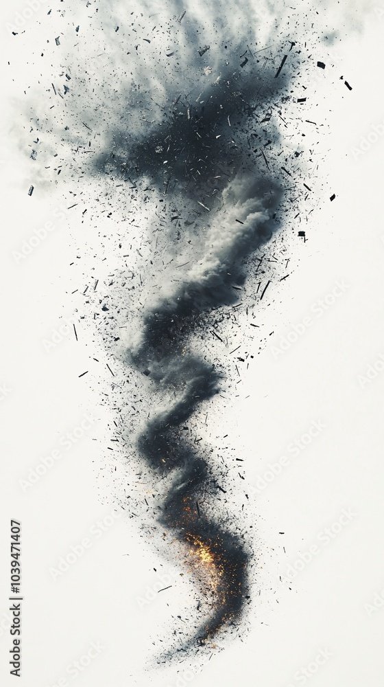 Abstract tornado formed from swirling smoke and debris on a white ...
