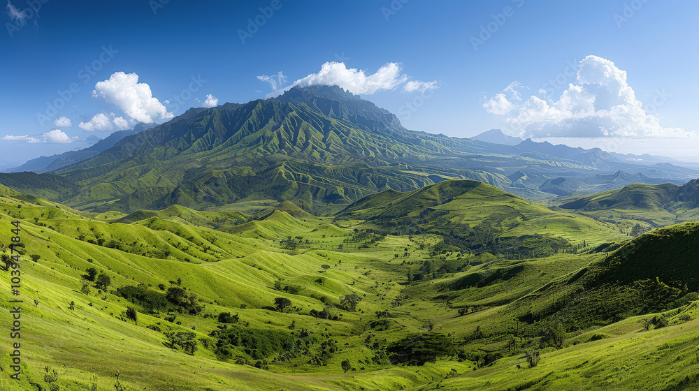 panoramic view of rolling green mountains under clear blue sky, showcasing beauty of nature. lush landscape evokes sense of tranquility and wonder panoramic view of rolling green mountains under clear blue sky, showcasing beauty of nature. lush landscape evokes sense of tranquility and wonder